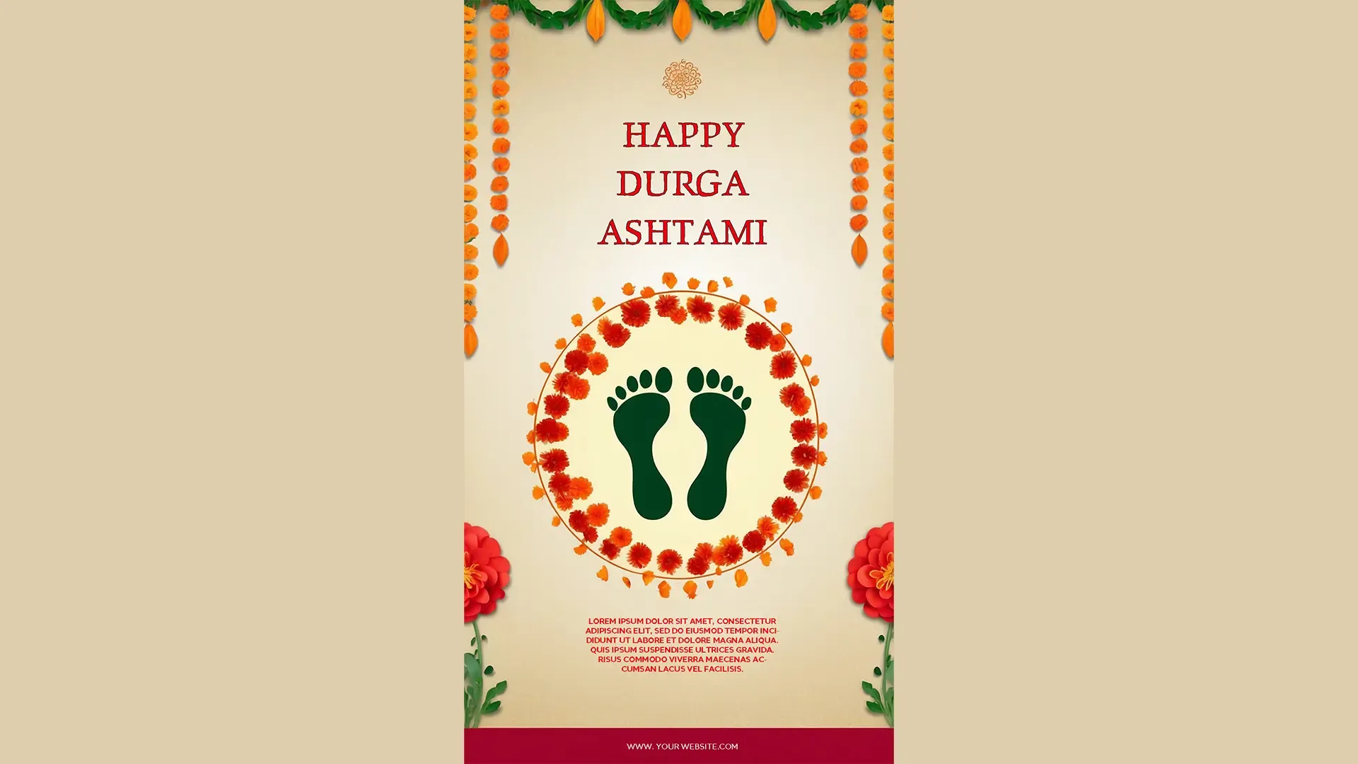 Elegant Durga Ashtami Instagram Story PSD Featuring Floral Accents and Footprint Symbols